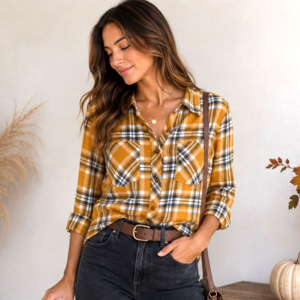 Zen & Olivia Women's Small Mustard Plaid Button Down Shirt Fall Grunge Western
